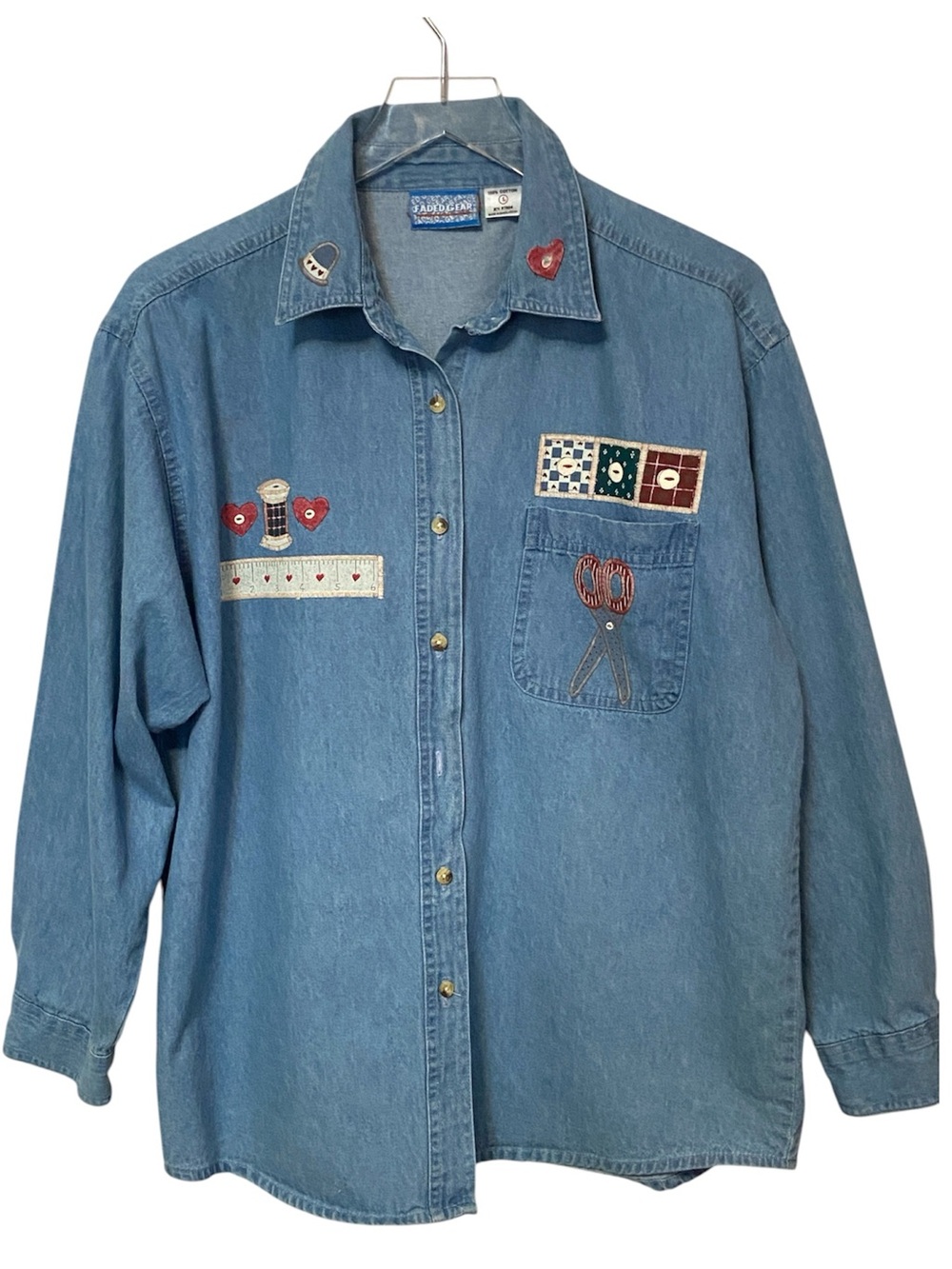 Vintage‎ Faded Gear Denim Button Down Shirt XL Sewing Applique 100% Cotton